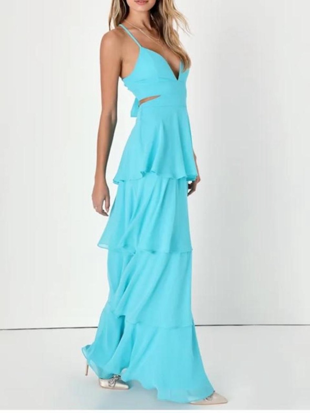 Lulus Tier and Now Blue Tie-Back Tiered Maxi Dress